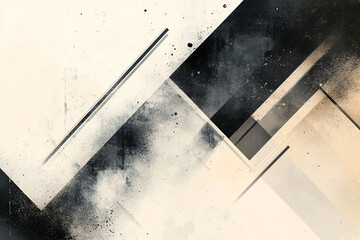 Abstract composition featuring geometric shapes and textures in shades of black and white