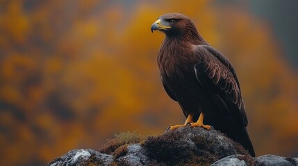 Fototapeta premium Golden eagle perched, autumn forest, majestic view, wildlife photography