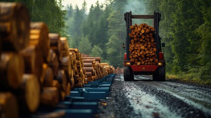 Forest Log Transportation By Forklift On Muddy Road