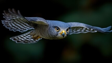 Goshawk in flight, forest background, wildlife photography