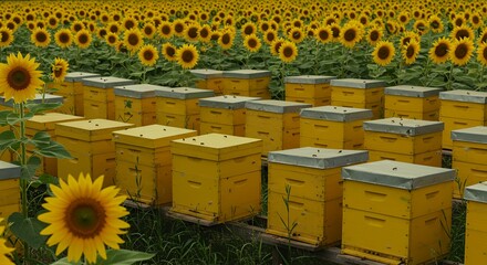 Beehives in Sunflower Field Honey Production Scene