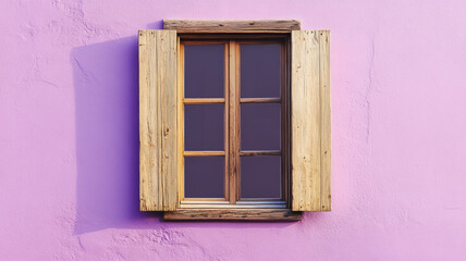 Fototapeta premium Wooden window on a pink wall exterior.