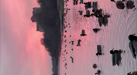 pink sunset with a flock of wild ducks swimming in a river in winter and receiving treats from visitors to a city nature park during an abnormally warm winter