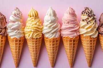 Variety of colorful soft serve ice cream flavors served in crispy waffle cones, creating a delightful row on a pink background