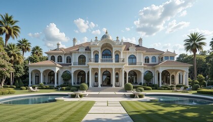 Fototapeta premium Grand Estate on Sunny Day: A majestic mansion, with classical architecture, expansive grounds, and reflecting pools, basks in the sunlight. The image evokes a sense of opulence, serenity, and luxury.