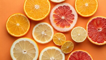 Obraz premium Vibrant citrus fruit slices on an orange background
