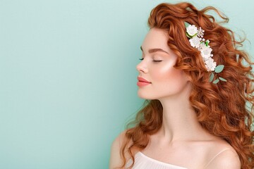 Fototapeta premium Side profile of red-haired woman with floral hairpiece on light green background, natural beauty concept, minimalistic portrait with soft tones, elegant and serene feminine style.