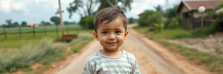 Young boy smiling on a country road surrounded by greenery and rustic houses
