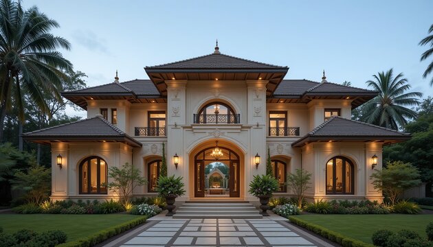Luxurious Asian-Inspired Villa at Dusk: A grand villa with Asian architectural influences is beautifully illuminated at dusk.  The expansive facade features intricate details, a tiled pathway.
