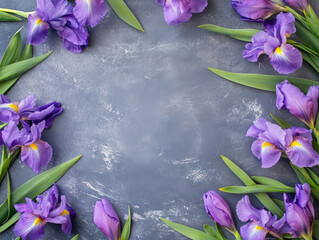Spring sale background composition with purple iris flowers arrangement bordering dark gray marble table. Floral flat lay.
