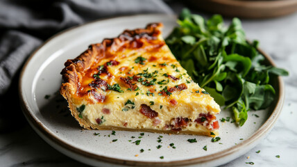 Slice of quiche with arugula salad on a plate.