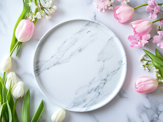 Marble circular podium with spring floral arrangement with pink tulips and white flowers laying on white marble background. Botanical flat lay composition. View from above.