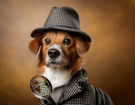 Generated image  A dog in a Sherlock Holmes outfit, complete with a deerstalker hat and magnifying glass