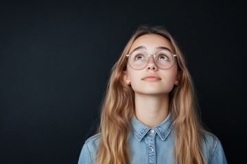 thoughtful young woman with glasses looking up on black background