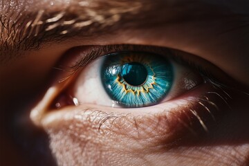 Fototapeta premium Close-up of a mana??s rich teal-blue eye, showcasing delicate reflections and smooth textures within the iris, captured in ultra HD