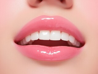 Fototapeta premium closeup of a woman's pink glossy lips and perfect white teeth