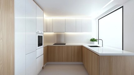 Fototapeta premium Modern Minimalist Kitchen with White Cabinets and Wood Accents