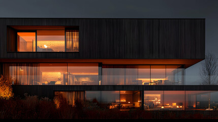 Modern dark wood house at dusk, interior lights glowing, autumnal background, architectural design