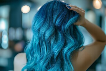 Fototapeta premium Woman with dyed blue hair touching her long wavy hair in a hair salon
