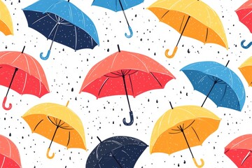 Obraz premium Seamless pattern with colorful umbrellas falling raindrops representing rainy season, protection, and joyful mood