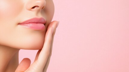 Fototapeta premium closeup of a woman's face with soft pink lips and healthy skin, touching her face gently on a pink background