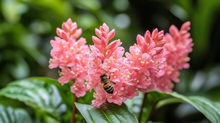Fototapeta premium Busy bumblebee pollinating pink flowers in a vibrant garden during springtime sunlight