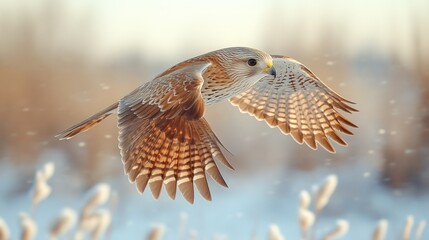 Kestrel in flight, winter field, snow, wildlife
