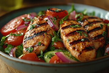 Grilled chicken salad with tomatoes, cucumbers, onions, and herbs on a wooden table