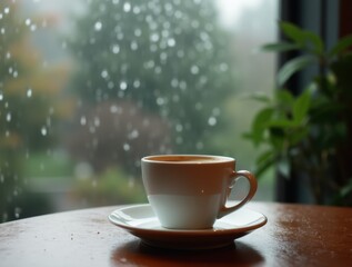Fototapeta premium Cup of Coffee Sitting on Table with Raindrops Trickling Down Window