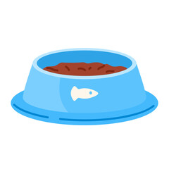 Blue bowl with cat wet food. Pet feed. Healthy feline nutrition. Vector illustration in cartoon style. Isolated white background
