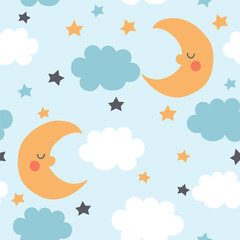 Seamless pattern with cute moon, clouds and stars. Lovely texture for baby. Vector illustration. It can be used for wallpapers, wrapping, cards, patterns for clothes and other.