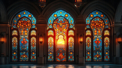 Fototapeta premium Majestic sunrise through ornate stained glass windows in historical architecture