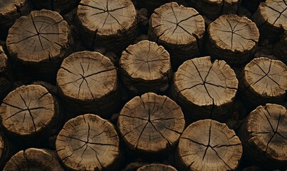 Naklejka premium Stacked tree stumps, textured wood background, nature, rustic, design
