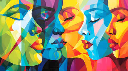 Abstract colorful background with female faces. Vector illustration for your design.