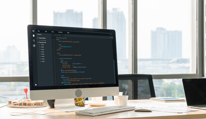 Software development programming on computer screen for modish application and program coding