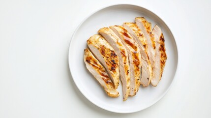A simple serving of lightly grilled chicken breast slices, neatly arranged on a plain white ceramic plate, Chicken slices centered