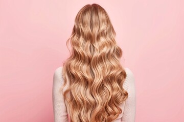 Fototapeta premium Back view of blonde woman with long wavy hair, shiny and smooth texture, pastel pink background, natural beauty, soft curls, minimalistic hairstyle, elegant and feminine concept