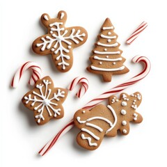 christmas gingerbread cookies and candy canes on white background