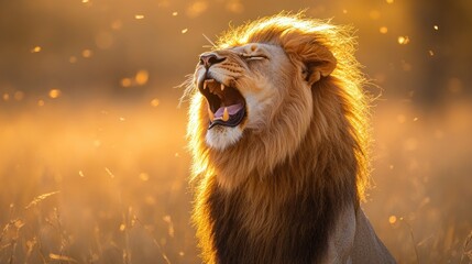 Naklejka premium Majestic lion roaring at sunset in African savanna. Wildlife photography for nature documentaries