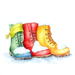 Colorful winter boots in snowy landscape watercolor art vibrant scene cozy atmosphere creative perspective, isolated on white background