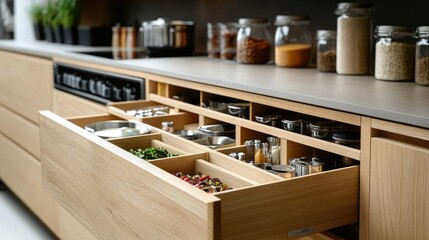 Organized Kitchen Drawer With Various Food Items And Utensils