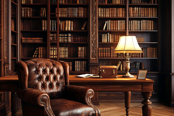 Luxurious Vintage Library Interior with Classic Leather Armchair and Wooden Bookshelves in Warm Lighting
