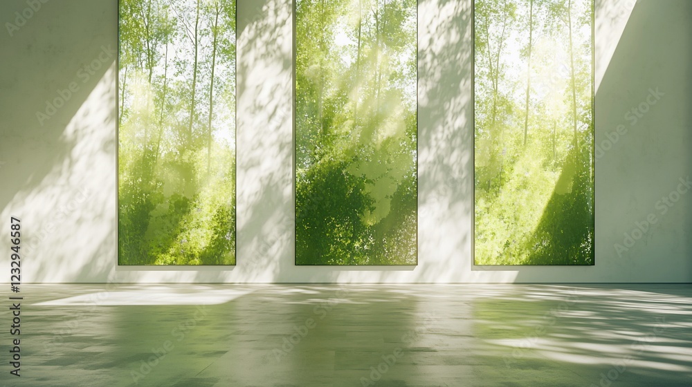 Aufkleber Sunlight Illuminates Empty Room With Three Large Windows Showing Lush Greenery