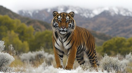 Fototapeta premium Majestic tiger in snowy mountains. Wildlife conservation