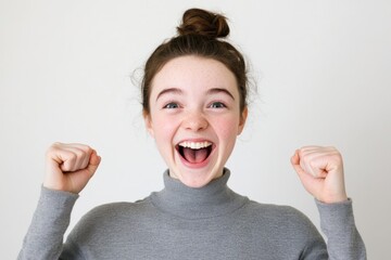 excited young person celebrates success with fists raised