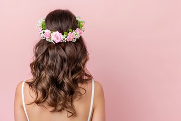 Naklejka premium Woman with curly brown hair wearing floral crown, back view, pastel pink background, natural beauty, soft waves, feminine and romantic hairstyle, delicate floral accessory