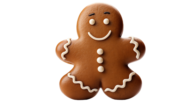 Smiling Gingerbread Man Festive Christmas Cookie, Sweet and Cute for Holiday Displays, isolated on transparent background.