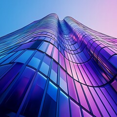 Modern Building With Wavy Glass Fa?ade Reflecting Purple and Blue Colors At Sunset