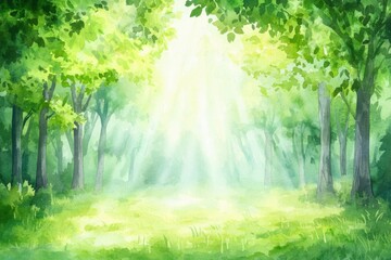 Serene watercolor forest glow nature scene lush greenery tranquil environment illuminated viewpoint