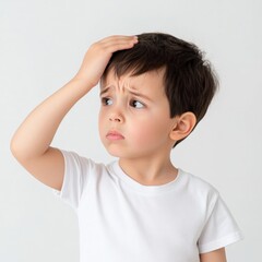 young child with a headache touching their forehead